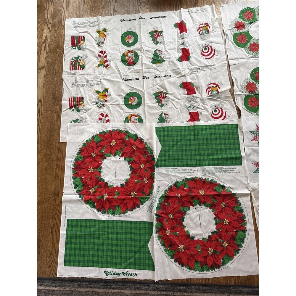 Vintage Set Of 7 Christmas Wreath Ornaments Snowman Cut & Sew Cotton Panels